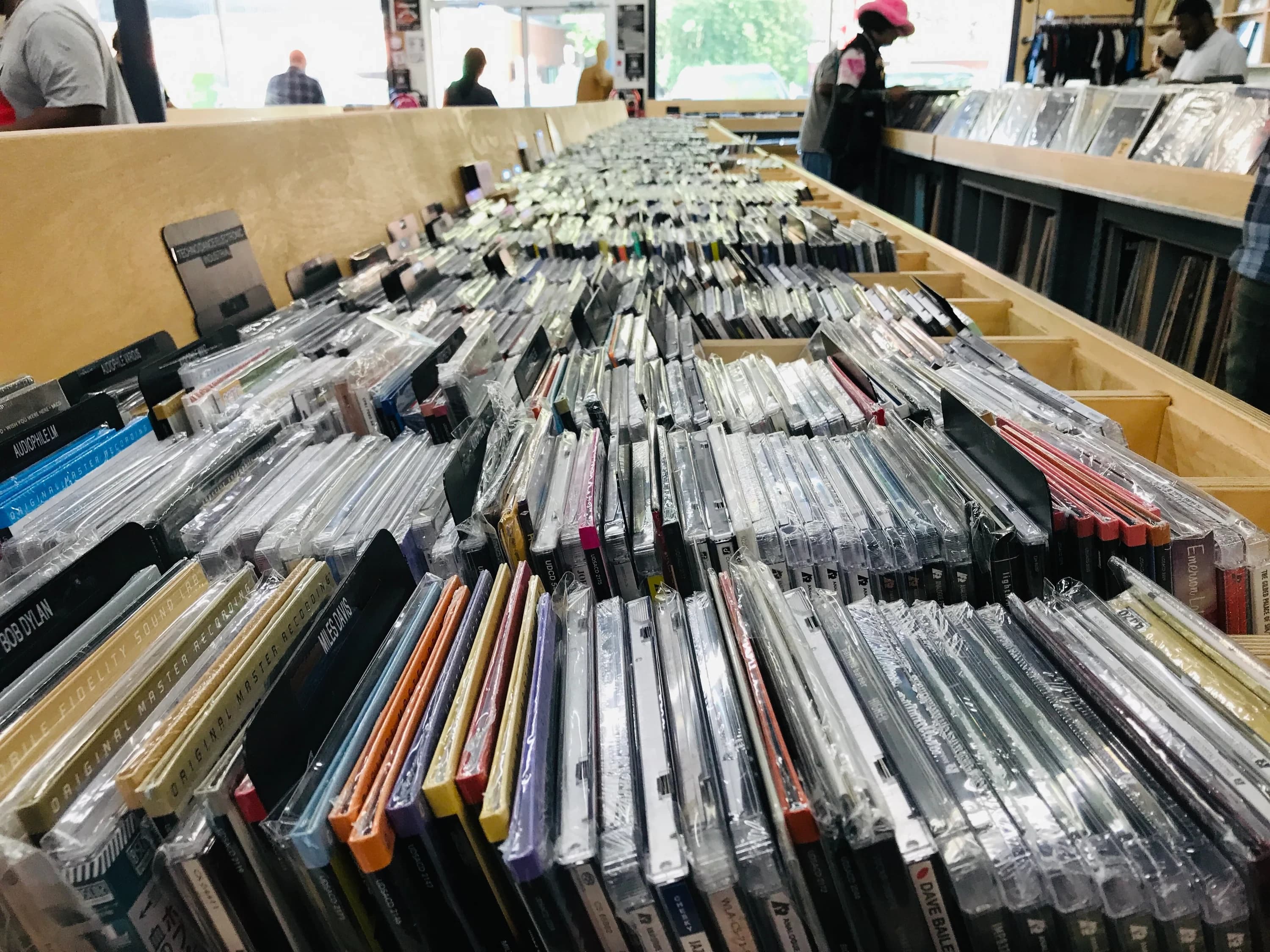 Close view of CD rows inside CD Cellar